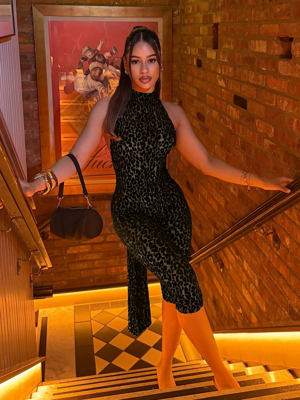 Zara Summer Leopard Print Halter Neck Backless Cropped Jumpsuit with Tie